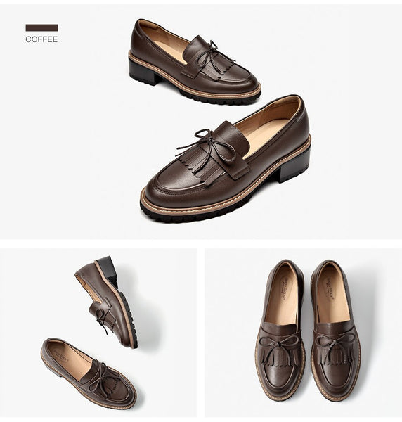 Autumn Women's Calfskin Leather Bow-knot Round Toe Slip-on Tassel Loafers - SolaceConnect.com
