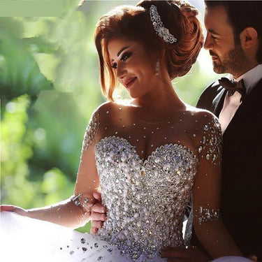 2019 Ball Gown Illusion Pearls Wedding Dress with Lace Beads - SolaceConnect.com