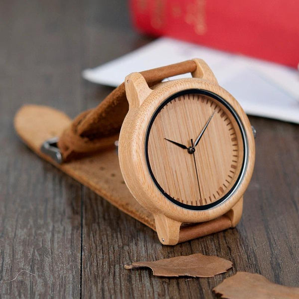 Bamboo Wooden Casual Leather Strap Quartz Watches for Men and Women - SolaceConnect.com