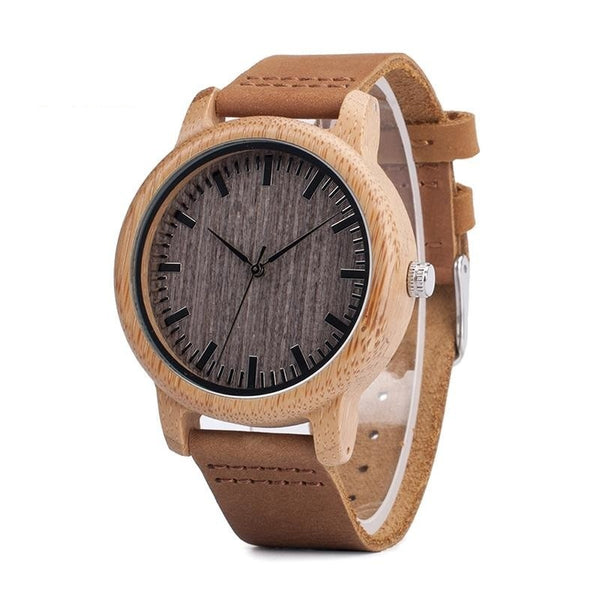 Bamboo Wooden Casual Round Watches with Leather Strap for Men - SolaceConnect.com