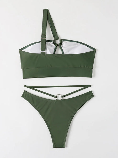Bandeau Swimsuit Off Shoulder Hollow Out Solid Color Bra and Thong Bikini Set  -  GeraldBlack.com