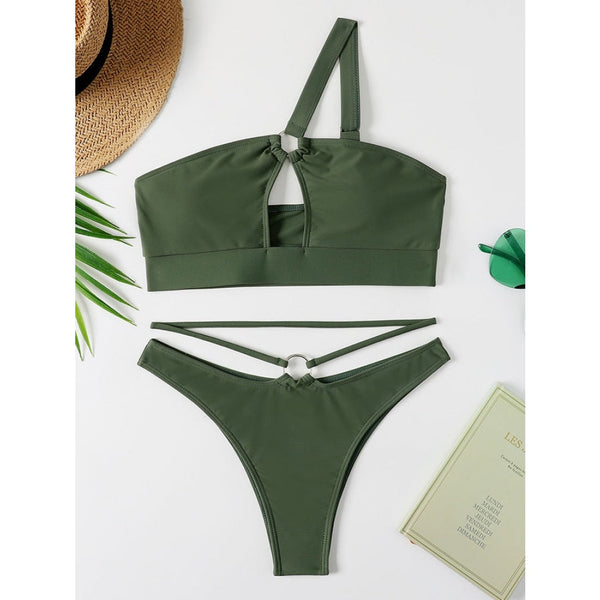 Bandeau Swimsuit Off Shoulder Hollow Out Solid Color Bra and Thong Bikini Set  -  GeraldBlack.com