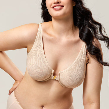 Beige Lace Front Closure Plus Size Sexy Full Coverage Bra for Women  -  GeraldBlack.com