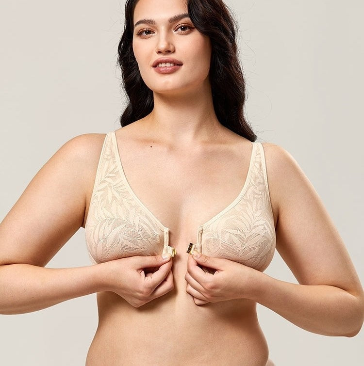 Beige Lace Front Closure Plus Size Sexy Full Coverage Bra for Women –