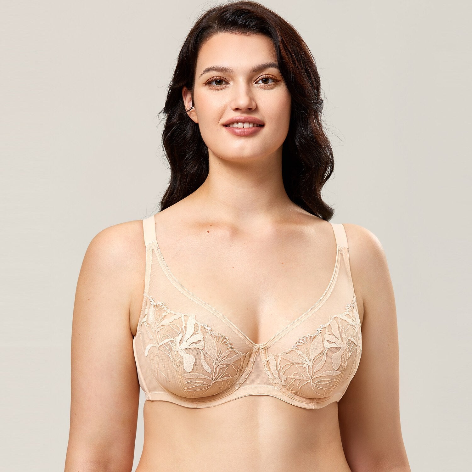Beige Sexy Floral Lace Unlined Underwire Full Coverage Bra for Women  -  GeraldBlack.com