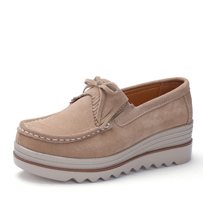 Beige Spring Autumn Moccasins Woman Flats Genuine Leather Slip-on Casual Lady Round Toe Cow Suede  -  GeraldBlack.com