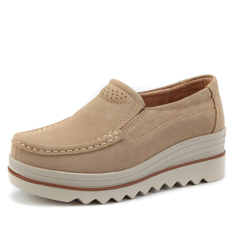 Beige Women's Spring Autumn Moccasins Woman Platforms Genuine Leather Slip-on Casual Lady Round Toe Cow Suede  -  GeraldBlack.com