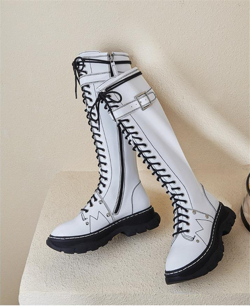 Women's Solid Cross-tied Belt Buckle Knee-High Platform Round Toe Boots 1 Women's Solid Cross-tied Belt Buckle Knee-High Platform Round Toe Boots