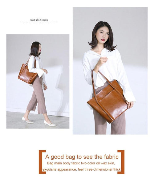 Big Genuine Leather Versatile Tote Shoulder Bag with Zipper for Women - SolaceConnect.com