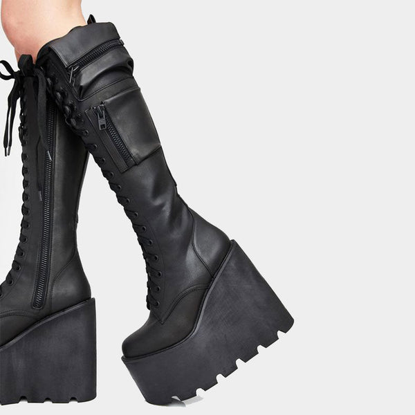 Big Size 45 Women Punk Gothic Mid Calf Shoes Chunky Heel Platform Boots Casual Pocket Combat Boots  -  GeraldBlack.com