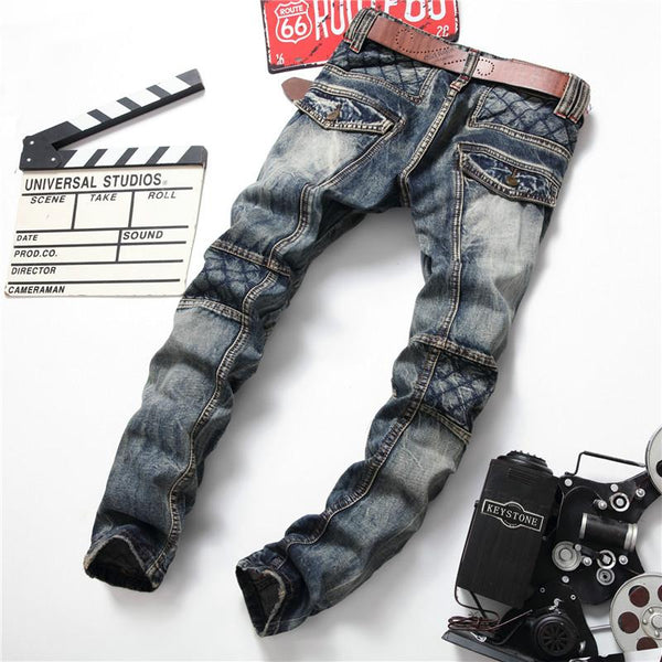 Biker Fashion Skinny Fit Polished Straight Cotton Jeans Pants for Men - SolaceConnect.com