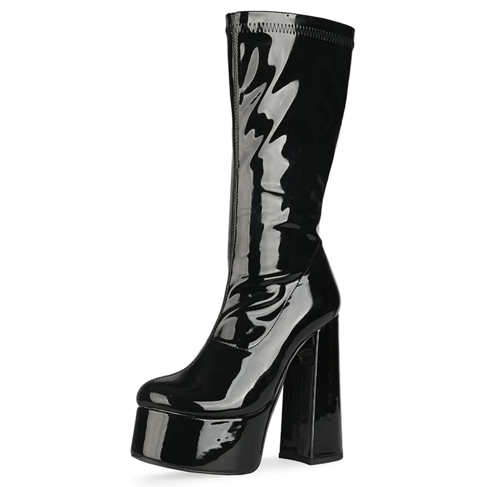 Women's Sexy Designer Black Color Square High Heel Mid-Calf Boots 1 Women's Sexy Designer Black Color Square High Heel Mid-Calf Boots