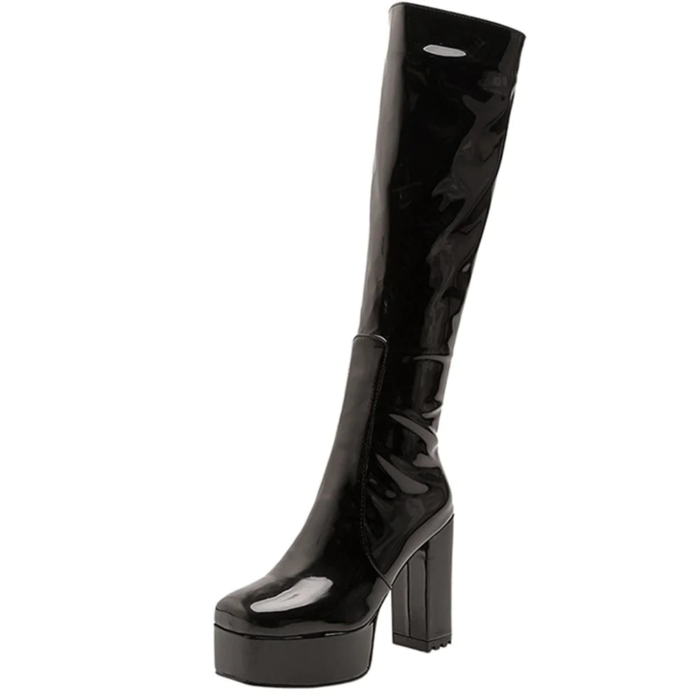 Women's Sexy Black Color High Heel Mid-Calf Platform Boot Shoes 1 Women's Sexy Black Color High Heel Mid-Calf Platform Boot Shoes
