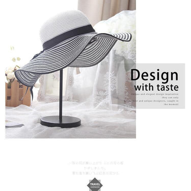 Black and White Striped Bowknot Summer Straw Sun Hat for Women - SolaceConnect.com