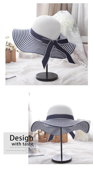 Black and White Striped Bowknot Summer Straw Sun Hat for Women - SolaceConnect.com
