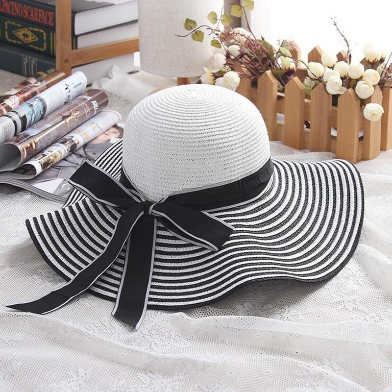 Black and White Striped Bowknot Summer Straw Sun Hat for Women  -  GeraldBlack.com