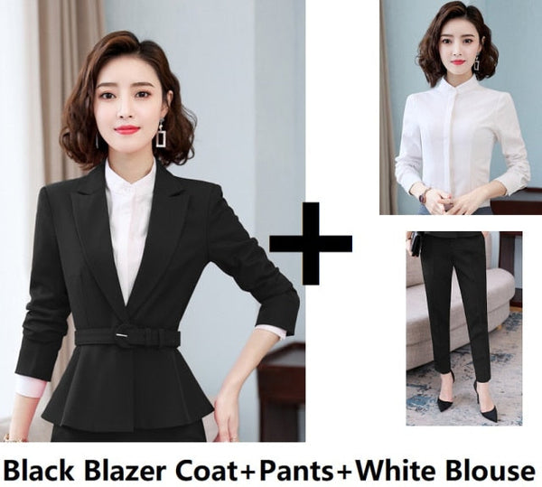 Black Coat Pant White Blouse Fashion OL Style Business Suit for Women  -  GeraldBlack.com