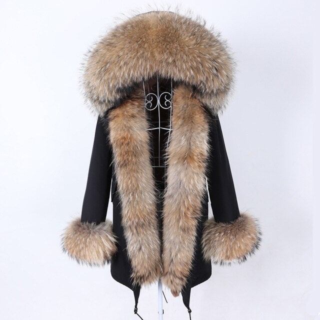 Black Color Women's Real Fur Winter Coat Jacket with Contrasting Fur Collar  -  GeraldBlack.com
