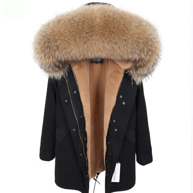 Black Color Women's Real Fur Winter Coat Jacket with Fur Collar  -  GeraldBlack.com