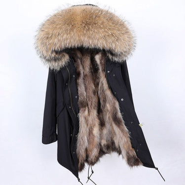 Black Long Winter Jacket for Women with Contrast Natural Raccoon Fur Hood  -  GeraldBlack.com