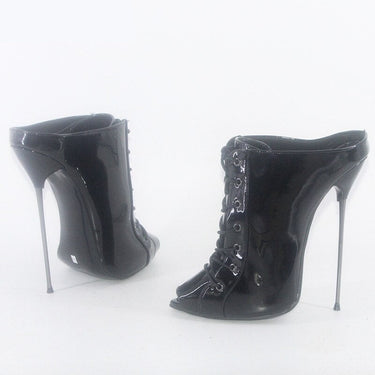 Black Shiny 16cm Ultra Thin Metal Heels Patent Leather Peep Toe Ankle Boots  -  GeraldBlack.com