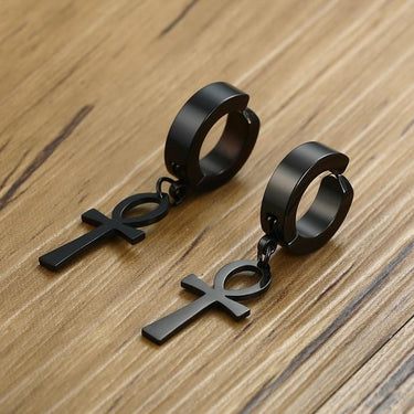 Black Stainless Steel Punk Hip Hop Ankh Cross Dangle Earrings for Men - SolaceConnect.com