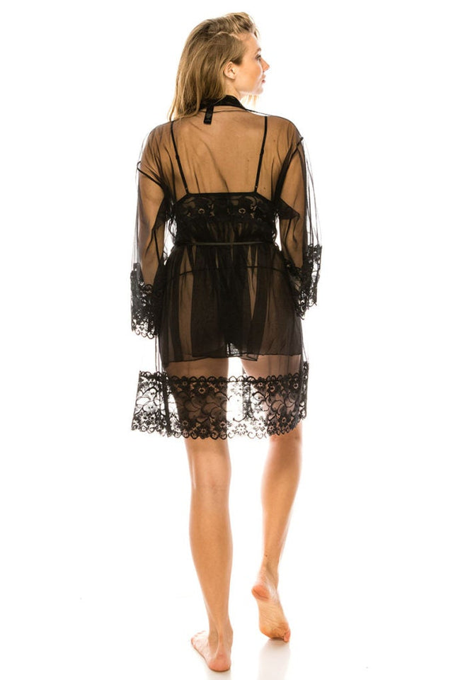 Black Transparent Mesh Robe Dress and G-String 3pcs Lingerie Set ...