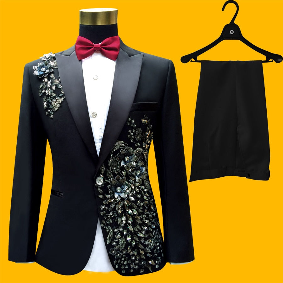 Black Tuxedo Jacket Pant Beads Mens Tuxedos Wedding Plus Size 4XL Groom Suit  -  GeraldBlack.com