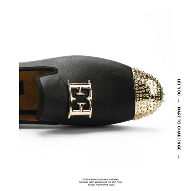 Black White Men Leather Big Size Fashion Design Bright Face Buckle and Gold Metal Toe Driving Loafers Shoes  -  GeraldBlack.com