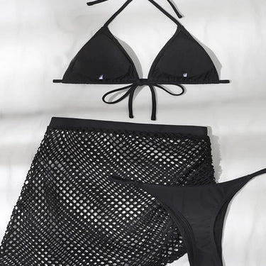 Black Wirefree Bra Low Waist Thong Coverup Three-Piece Swimwear Bikini Set  -  GeraldBlack.com