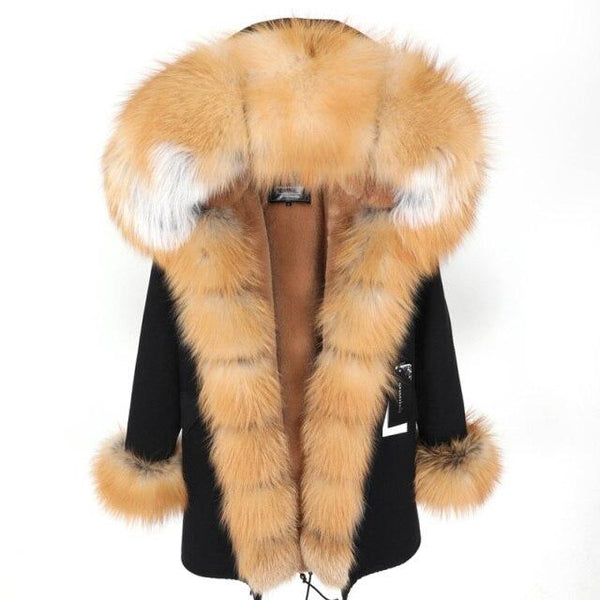 Black Women's leather jacket Large Natural Fox Fur Hooded Coat Parka Outwear Long Detachable - SolaceConnect.com