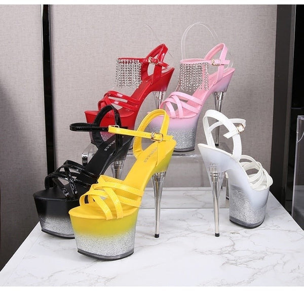 Bling Patent Leather Sandals Waterproof Thin High Heel Platforms for Women  -  GeraldBlack.com