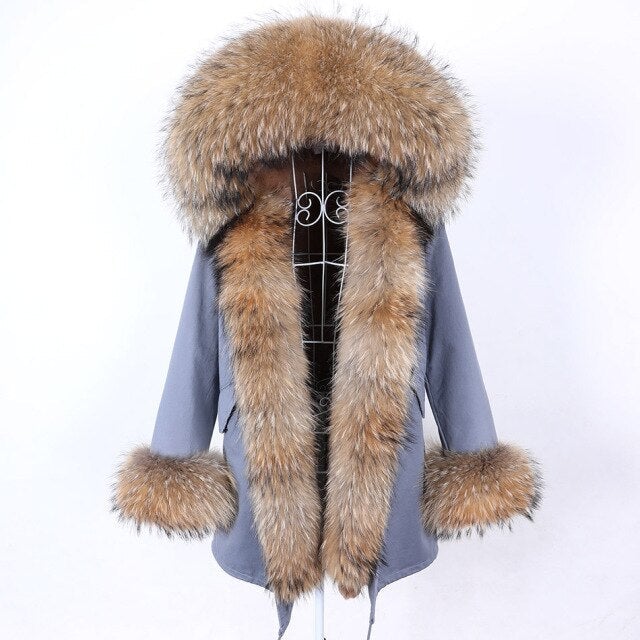 Blue and Gray Women's Natural Real Fur Collared Coat Parka Jacket for Winter  -  GeraldBlack.com