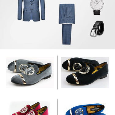 Blue Fashion Men Velvet Classic Casual Gold Top and Metal Toe Handmade Luxurious Loafers Shoes  -  GeraldBlack.com