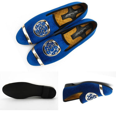 Blue Fashion Men Velvet Classic Casual Gold Top and Metal Toe Handmade Luxurious Loafers Shoes  -  GeraldBlack.com