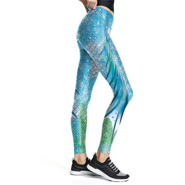 Blue Gradient Fish Scale Mermaid Print Women's Elastic Leggings Pants - SolaceConnect.com
