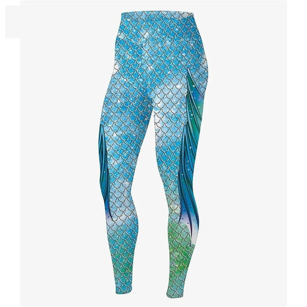 Blue Gradient Fish Scale Mermaid Print Women's Elastic Leggings Pants  -  GeraldBlack.com