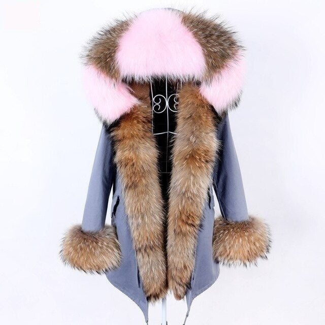 Blue Gray Women's Natural Real Fur Collared Coat Parka Jacket for Winter  -  GeraldBlack.com