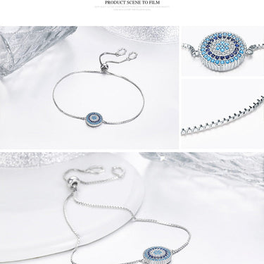 Blue Round Evil Eye Chain Link Bracelet, 100% 925 Sterling Silver Cubic Zirconia Lucky Eye Adjustable Chain Bracelet  -  GeraldBlack.com