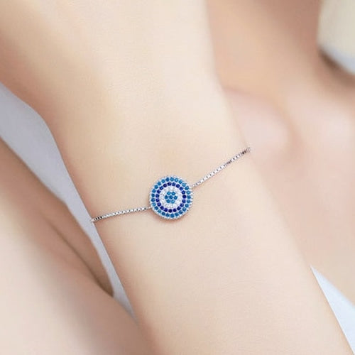 Blue Round Evil Eye Chain Link Bracelet, 100% 925 Sterling Silver Cubic Zirconia Lucky Eye Adjustable Chain Bracelet  -  GeraldBlack.com