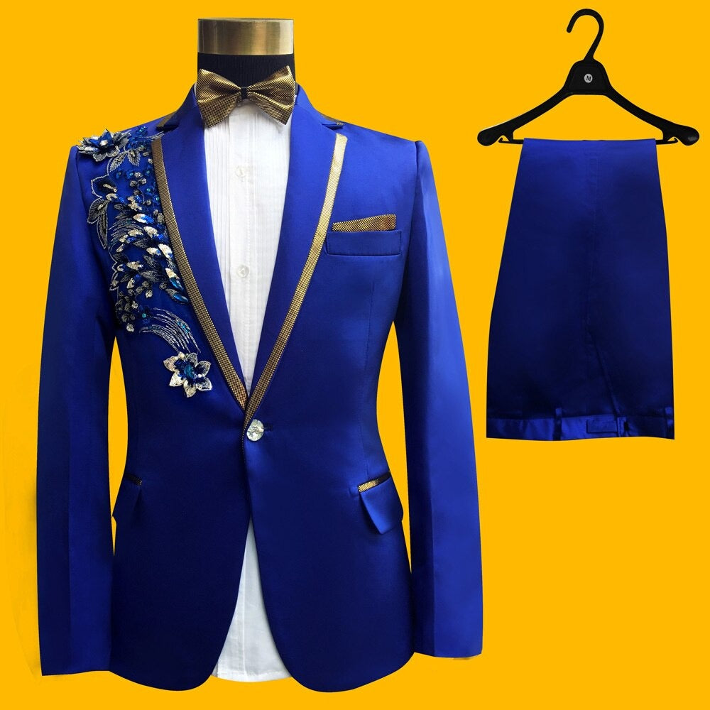 Blue Tuxedo Jacket Pant Beads Mens Stage Wearmens Tuxedos Wedding Plus Size 4XL Groom Suit  -  GeraldBlack.com