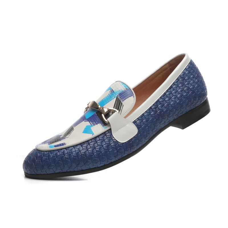 Blue Woven Leather Men Smoking Slippers Metal Buckle Handmade Loafers For Wedding  -  GeraldBlack.com