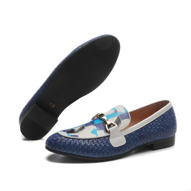 Blue Woven Leather Men Smoking Slippers Metal Buckle Handmade Loafers For Wedding  -  GeraldBlack.com