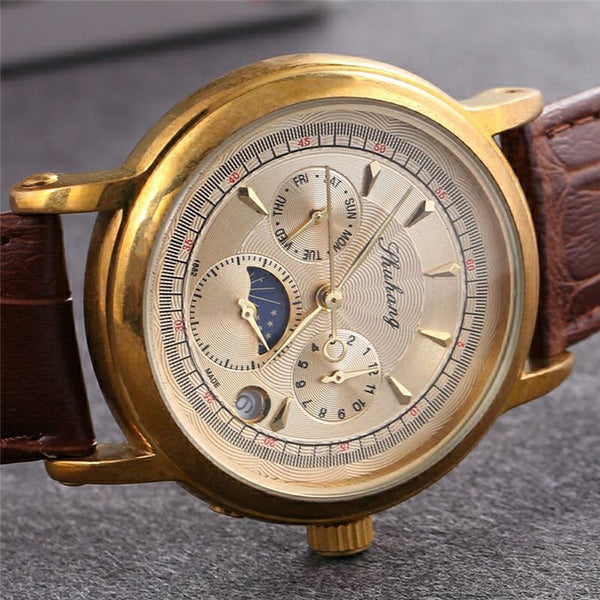Brass Mechanical Hand Wind Wristwatches Men Retro Watch Mens Antique Designer Watches Men Calendar Water Resistant  -  GeraldBlack.com