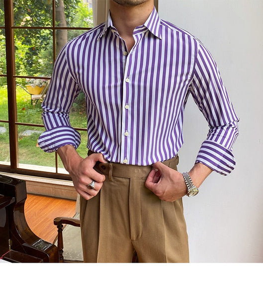 British Casual Contrasting Colors Stripe Shirt Retro Shirt Dress Social Italian Fall Men Long Sleeve  Shirt  -  GeraldBlack.com