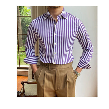 British Casual Contrasting Colors Stripe Shirt Retro Shirt Dress Social Italian Fall Men Long Sleeve Shirt  -  GeraldBlack.com