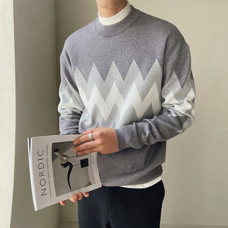 British Style Fashion Color Contrast Print Men Pullover Sweater Pull Homme Autumn Sweater O Neck Sweater  -  GeraldBlack.com