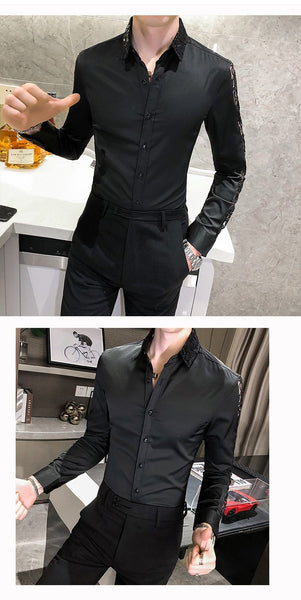 British Style Long Sleeve Shirt Sexy Lace Slim Fit Men's Casual Streetwear  -  GeraldBlack.com