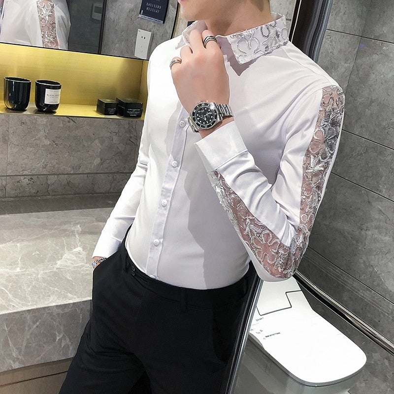 British Style Long Sleeve Shirt Sexy Lace Slim Fit Men's Casual Streetwear  -  GeraldBlack.com