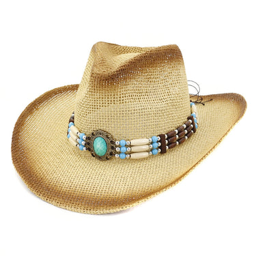 Brown Spray Paint Plain Paper Straw Cowboy Hats with Ethnic Hatband Decor Wide Brim Hat  -  GeraldBlack.com